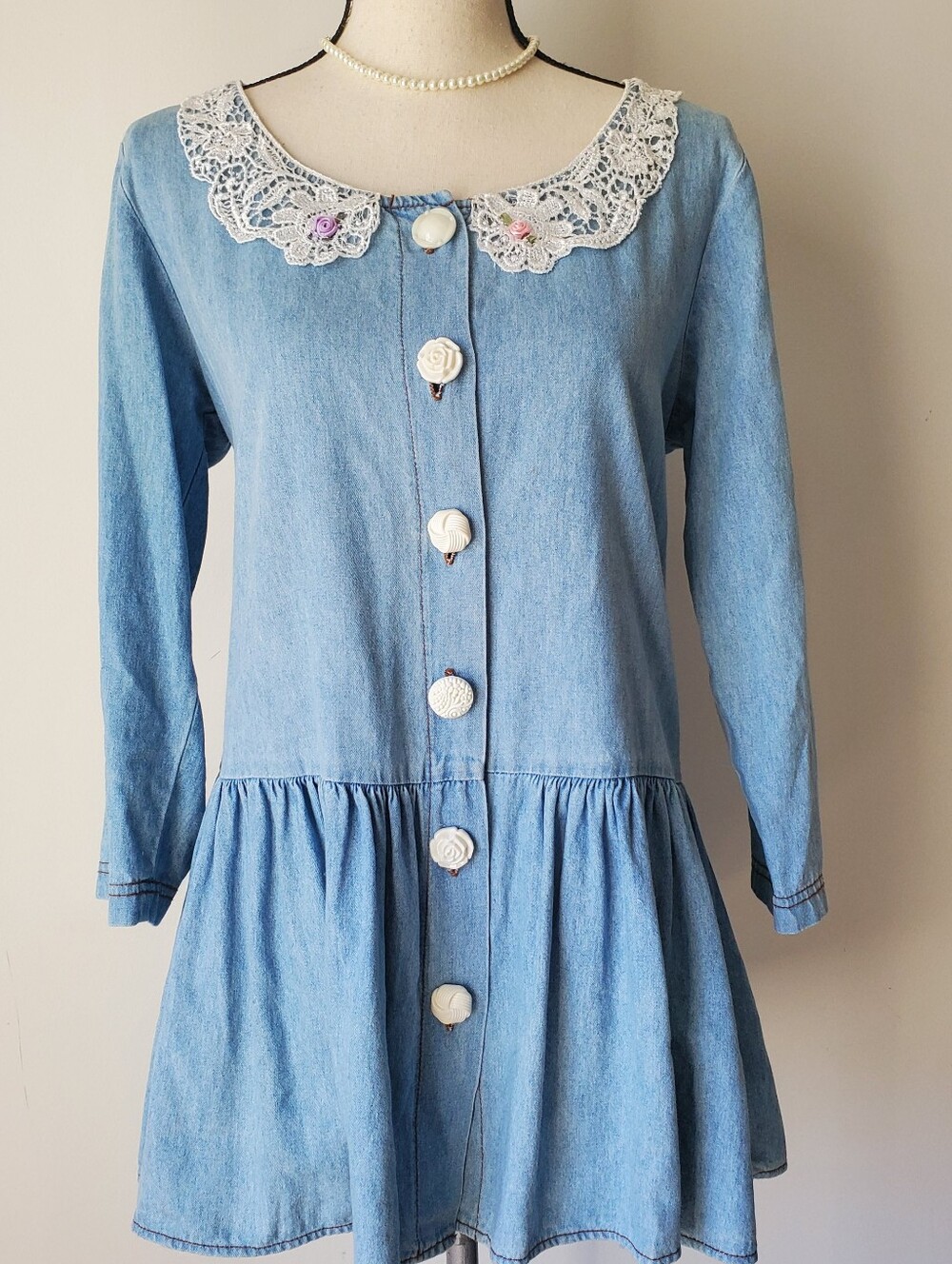 Pottery 100% Cotton Light Blue Denim Lace-Collar Mini Dress Size Medium